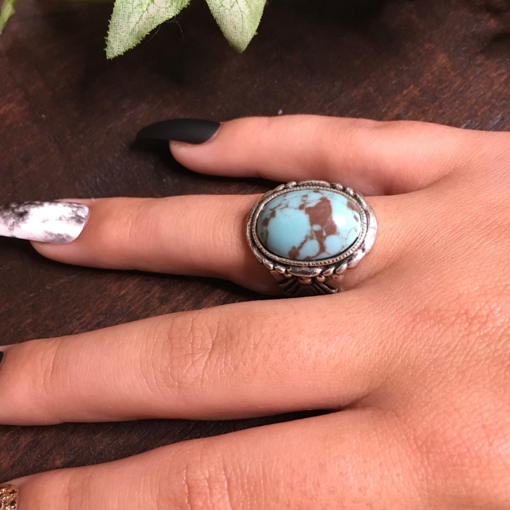 Boho Turquoise Brown and and Silver Tone Ring Sz 6